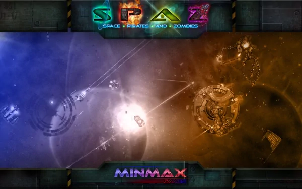 HD desktop wallpaper of Space Pirates and Zombies (SPAZ), featuring vibrant cosmic battle scenes with spaceships and explosions.