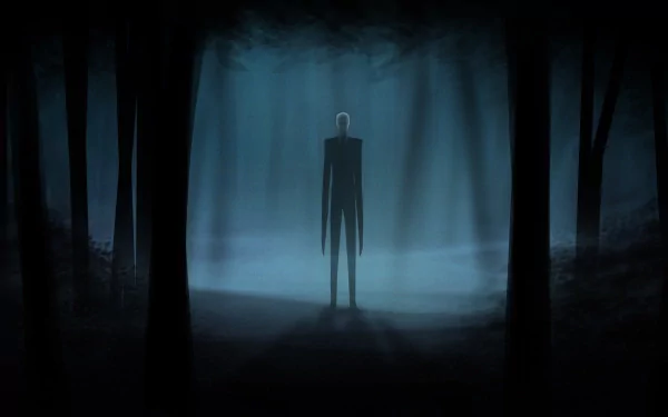 A haunting HD desktop wallpaper inspired by the video game Slender: The Eight Pages, featuring a tall, slender figure silhouetted against a foggy forest backdrop.