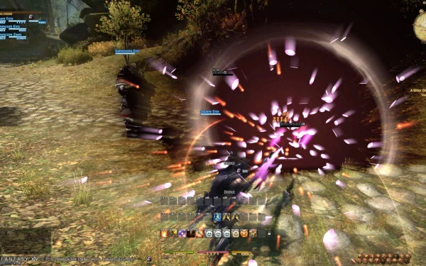 HD wallpaper featuring an action-packed battle scene from Final Fantasy XIV: A Realm Reborn with vibrant visual effects.