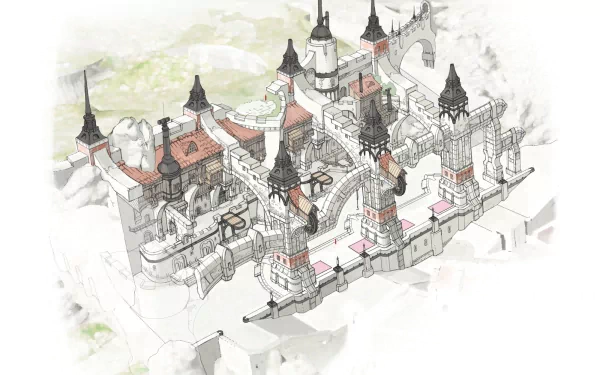 HD desktop wallpaper of a Final Fantasy XIV: A Realm Reborn concept art featuring a detailed sketch of a majestic castle surrounded by clouds.