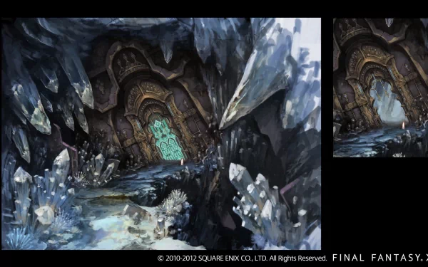 HD desktop wallpaper from Final Fantasy XIV: A Realm Reborn featuring an icy cavern with an ornate door.
