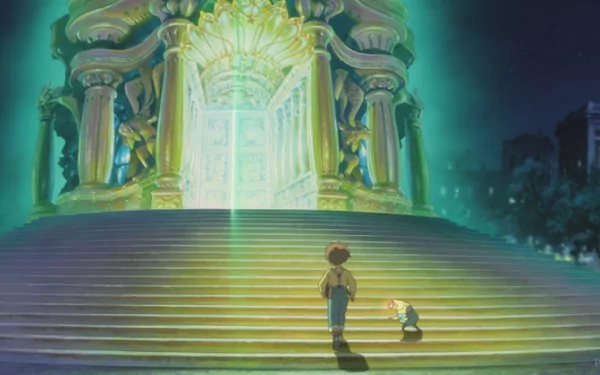 HD wallpaper from Ni No Kuni featuring a character standing before a glowing magical structure at night.