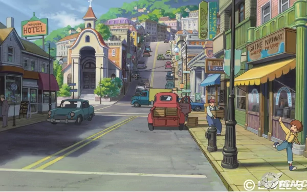 HD wallpaper of Ni No Kuni game featuring a vibrant town street with vehicles and characters.
