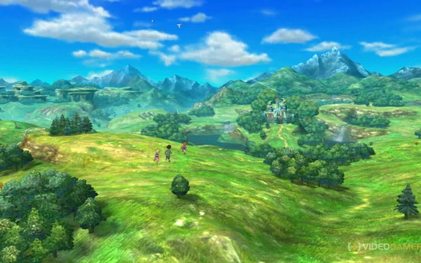 HD Ni No Kuni wallpaper featuring a vibrant fantasy landscape with characters exploring green hills under a clear blue sky.