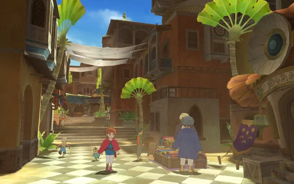 HD wallpaper featuring a sunny scene from Ni No Kuni with characters wandering through a vibrant town plaza.