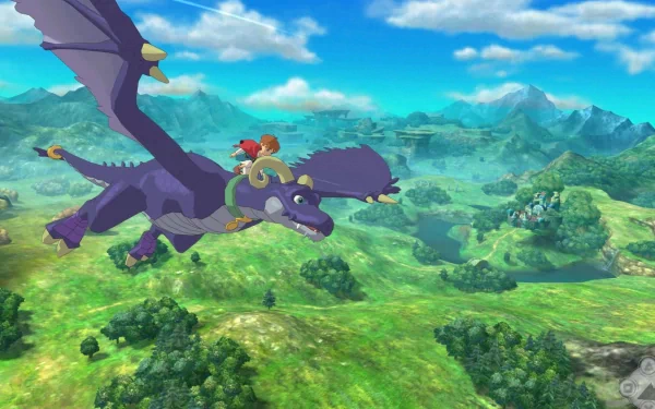HD desktop wallpaper featuring characters from Ni No Kuni flying on a dragon over lush green landscapes.