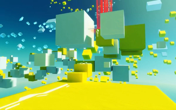 HD desktop wallpaper featuring abstract yellow and green floating cubes from the game Mirror's Edge, with a bright, stylized aesthetic.