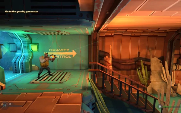 HD desktop wallpaper from the game Rochard showing a character near a sign that reads GRAVITY CONTROL.