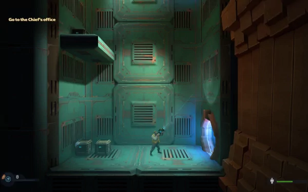 A character navigates a futuristic environment in this HD desktop wallpaper from the video game Rochard, featuring detailed architecture and an interactive doorway.