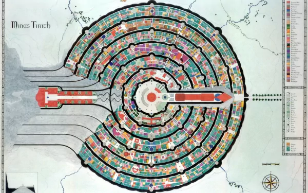 4K Ultra HD fantasy PC desktop wallpaper: detailed circular map of Minas Tirith from The Lord of the Rings, concentric city tiers, gates and labeled districts.