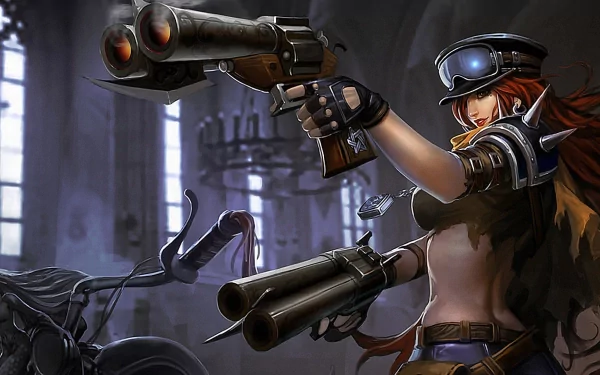 Miss Fortune from League of Legends, depicted in an HD wallpaper, wields dual firearms confidently, set against a dramatic background in a gothic space.