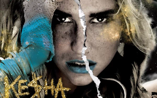 HD PC desktop wallpaper featuring a dramatic close-up of Kesha with bold makeup and a torn paper effect, emphasizing her music persona.