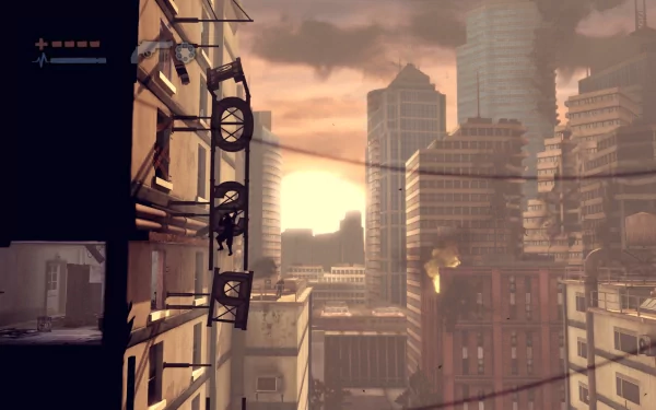 HD desktop wallpaper from the game Deadlight depicting a silhouetted character navigating an urban landscape at sunset.