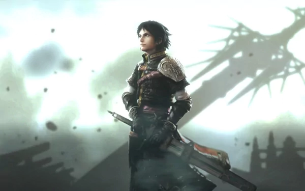 HD desktop wallpaper featuring a character from The Last Remnant with a misty backdrop and shadowy figures.