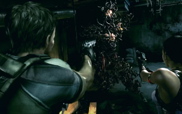 HD desktop wallpaper featuring characters from Resident Evil 5 taking aim at a monstrous enemy in a dark setting.