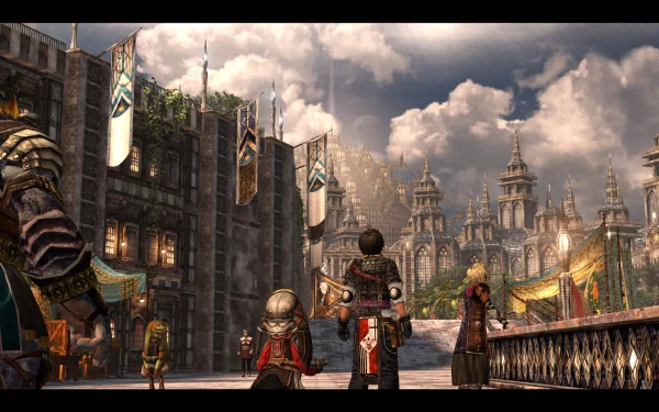 HD wallpaper from 'The Last Remnant' featuring characters observing a grand, medieval fantasy cityscape under a bright sky.