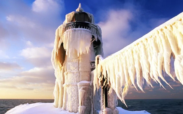 Michigan winter man made lighthouse HD Desktop Wallpaper | Background Image