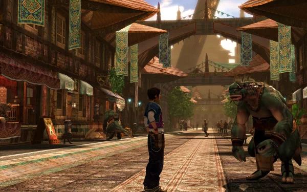 HD wallpaper from The Last Remnant featuring a character facing a creature in a vibrant marketplace setting.