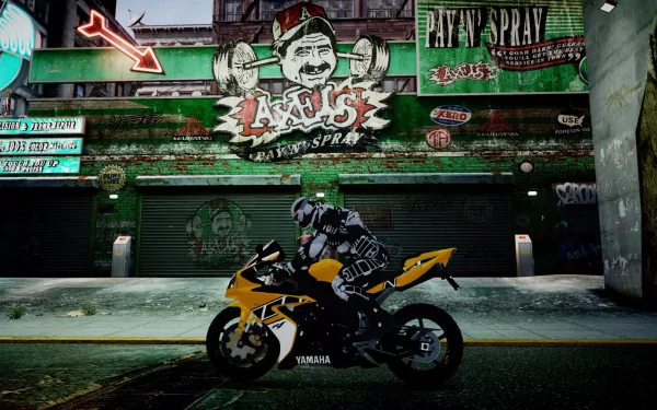 HD desktop wallpaper of Grand Theft Auto IV featuring a character on a yellow sports bike in an urban setting at night.