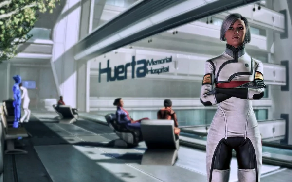 HD PC desktop wallpaper from the video game Mass Effect 3, featuring a character standing confidently inside Huerta Memorial Hospital with others seated in the background.