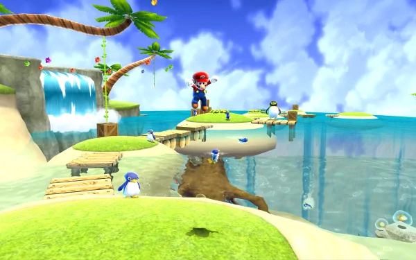 HD desktop wallpaper from Super Mario Galaxy featuring Mario on a tropical beach setting with crystal-clear water and playful penguins.