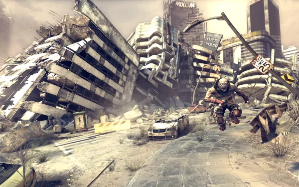 HD desktop wallpaper featuring an action-packed scene from the video game Rage with a character and dystopian backdrop.