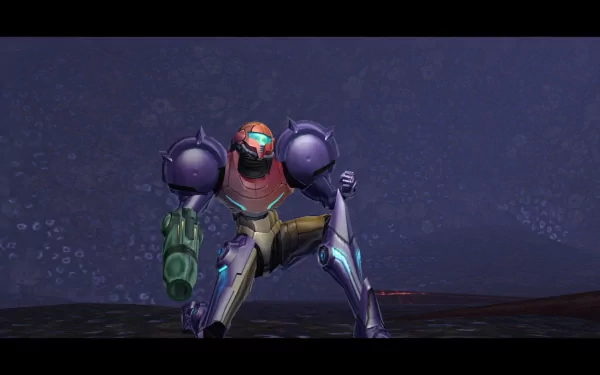 HD desktop wallpaper featuring Samus Aran in her iconic armor from Metroid Prime, posed ready for action on an alien planet.