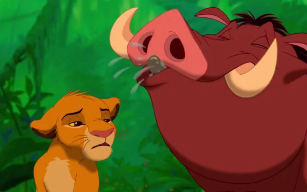 HD desktop wallpaper of Simba and Pumbaa from The Lion King (1994), set against a lush jungle background.