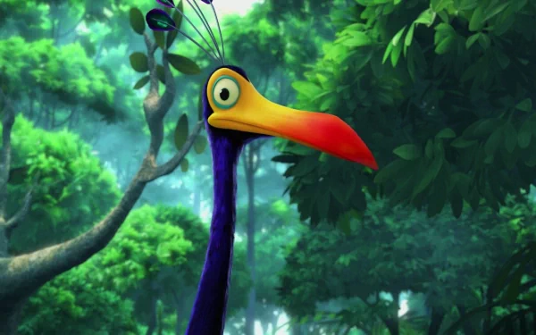 HD desktop wallpaper featuring the colorful bird character from Pixar's Up set against a lush green forest background.