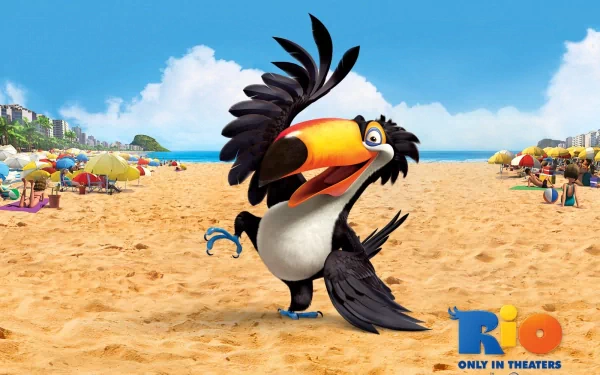 HD desktop wallpaper featuring a character from the animated movie Rio on a vibrant beach with the cityscape in the background.
