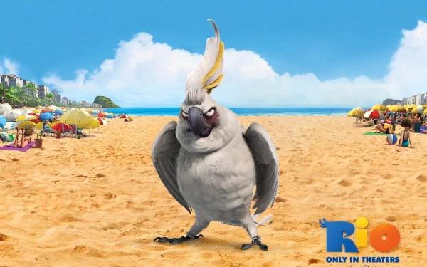 HD desktop wallpaper featuring a character from the animated movie Rio on a sunny beach with people and umbrellas.