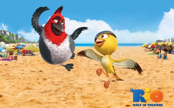 HD wallpaper of animated birds from the movie Rio, joyful on a sunny beach, with the film's logo visible.