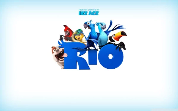 HD wallpaper of Rio movie characters perched on the title text, with a bright blue background.
