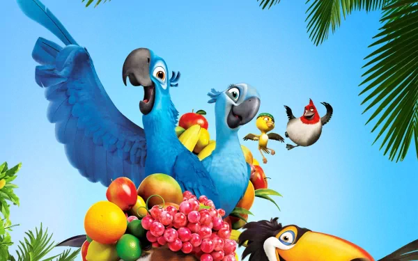 HD desktop wallpaper featuring vibrant animated birds from Rio with tropical fruits and palm leaves.