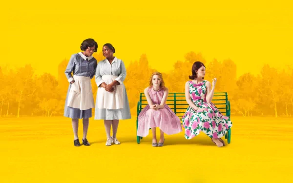 HD wallpaper featuring Octavia Spencer, Emma Stone, and Bryce Dallas Howard from The Help against a vibrant yellow background.