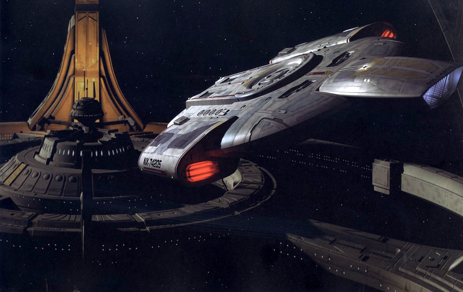 HD Sci-Fi PC desktop wallpaper featuring a Star Trek starship approaching a large space station against a dark cosmic backdrop.