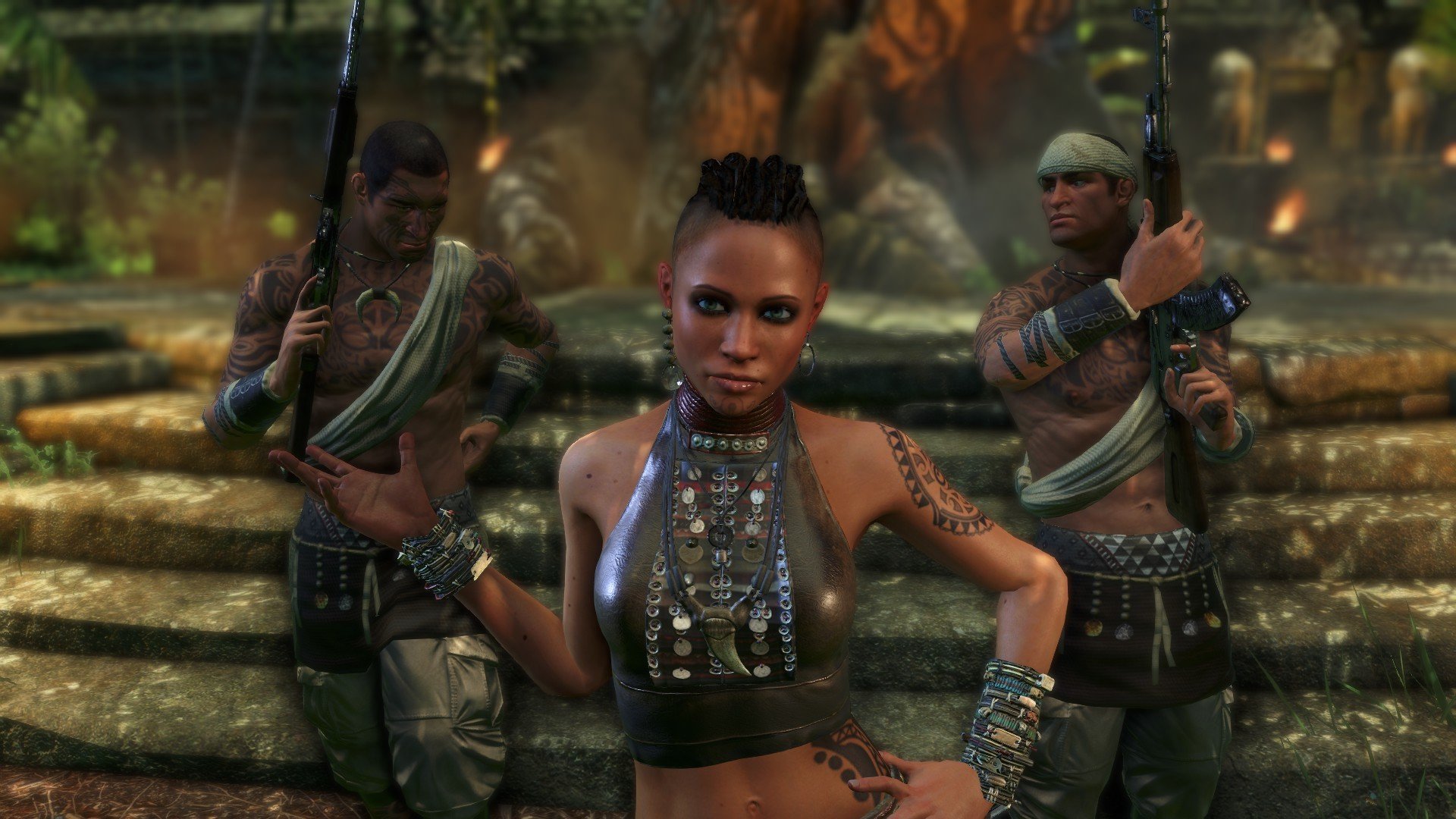 HD PC desktop wallpaper from the video game Far Cry 3 featuring a confident character with a mohawk and tribal tattoos, flanked by two armed figures in a jungle setting.