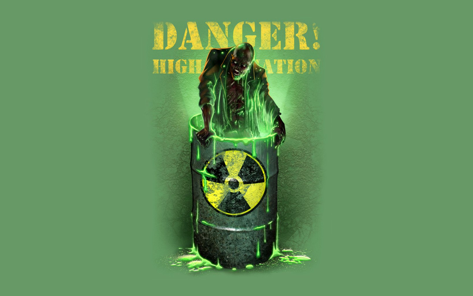 HD PC desktop wallpaper featuring a dark, eerie zombie emerging from a glowing radioactive barrel with the warning DANGER! HIGH RADIATION in the background.