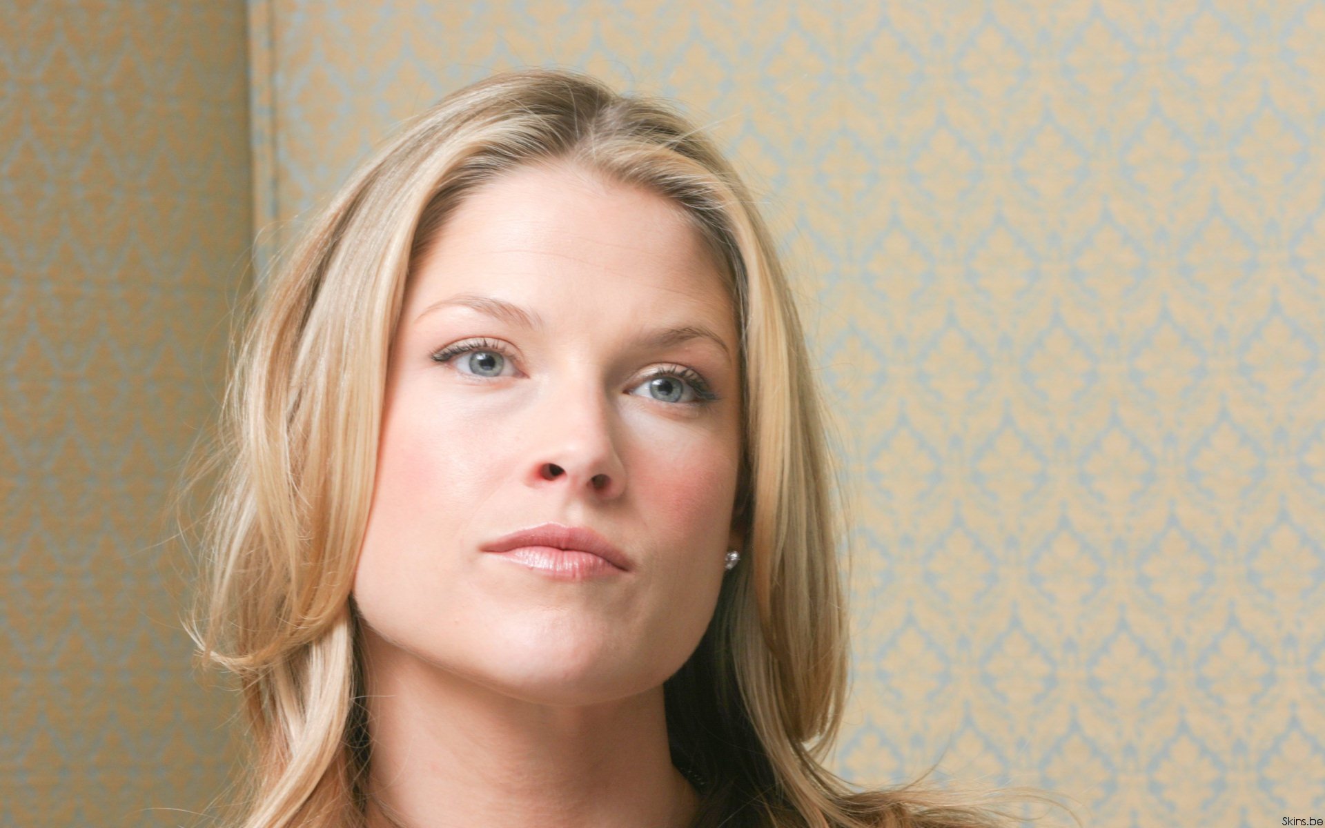 HD PC desktop wallpaper featuring a close-up portrait of celebrity Ali Larter with a neutral expression and subtle patterned background.