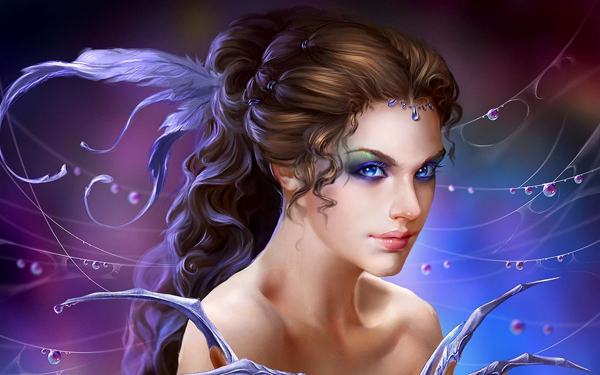 A captivating fantasy scene featuring a woman with flowing hair, adorned with delicate elements and vibrant colors, serving as an enchanting HD desktop wallpaper.