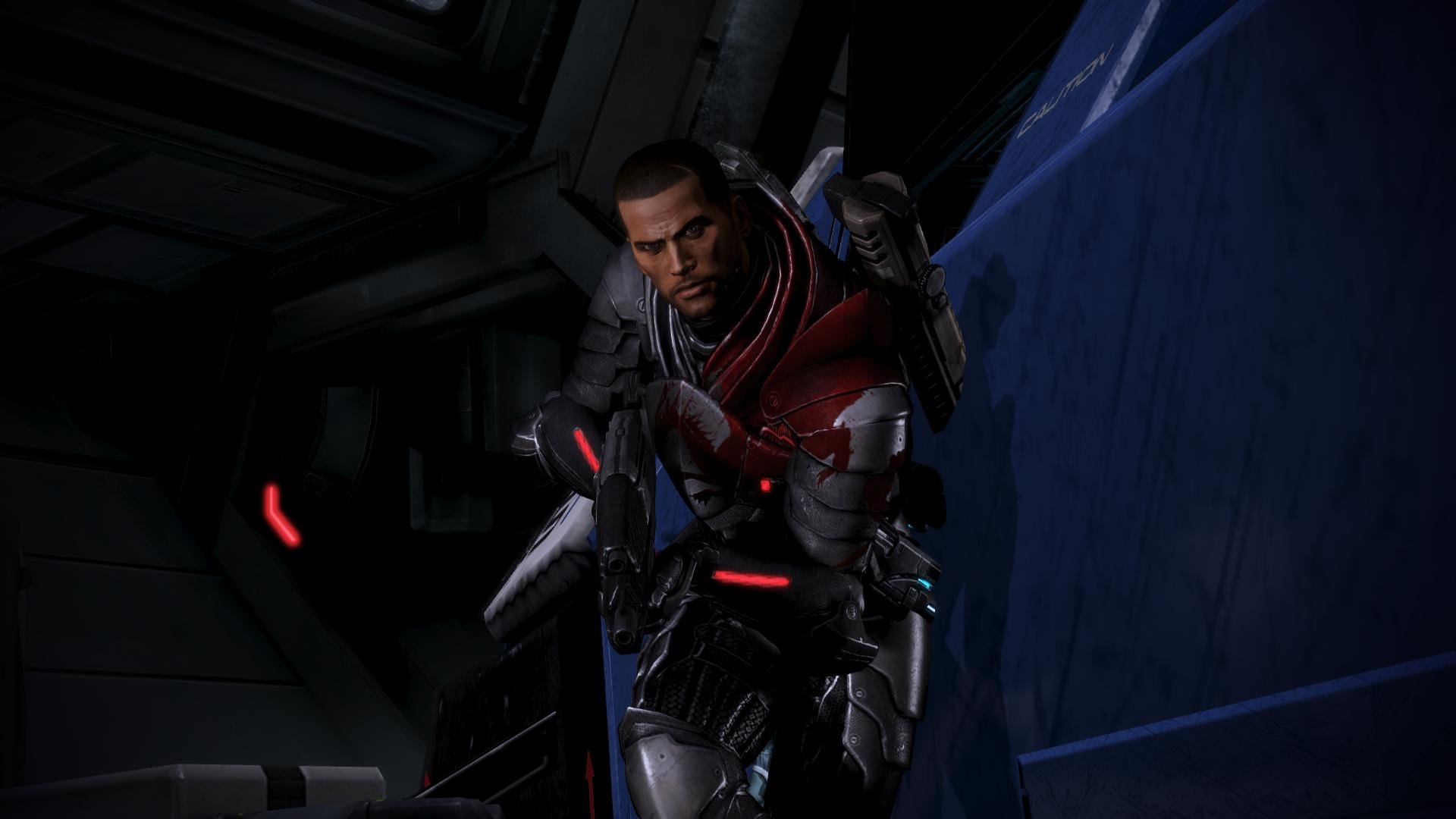 HD PC desktop wallpaper featuring Commander Shepard from the video game Mass Effect 3 in futuristic armor, set in a dark sci-fi environment.