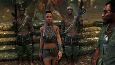Far Cry 3 video game HD PC desktop wallpaper/background showing a female island leader flanked by tribal warriors in jungle ruins, armed and wearing ceremonial gear.