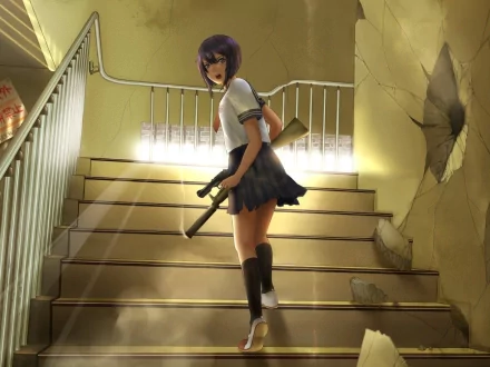 HD anime-style PC desktop wallpaper featuring a schoolgirl holding a weapon on a cracked stairwell, inspired by Pixiv Fantasia themes.