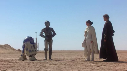 HD wallpaper featuring R2-D2, C-3PO, Padmé Amidala, and Anakin Skywalker from Star Wars Episode II: Attack of the Clones.