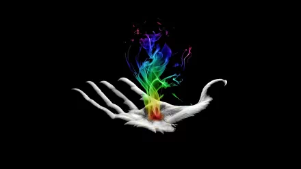 Abstract smoke in vibrant rainbow colors rising from an open hand against a black background, designed as an HD PC desktop wallpaper and background.