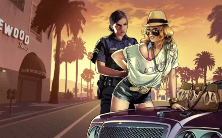 A vibrant HD wallpaper from Grand Theft Auto V, featuring a police officer arresting a stylish woman in front of a palm-lined street at sunset.