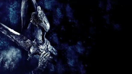 A dark and atmospheric HD wallpaper featuring Artorias from Dark Souls, showcasing the character’s intricate design against a dramatic blue background.