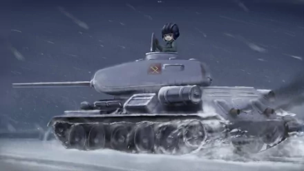 An HD desktop wallpaper featuring a character from Girls und Panzer operating a tank in a snowy landscape, showcasing dynamic anime art style.