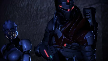 HD PC desktop wallpaper featuring characters from the video game Mass Effect 3, showcasing a dark, intense sci-fi atmosphere with armored figures and glowing red accents.