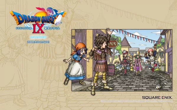 HD desktop wallpaper of Dragon Quest IX: Sentinels of the Starry Skies, featuring characters in a lively town setting with Square Enix logo.